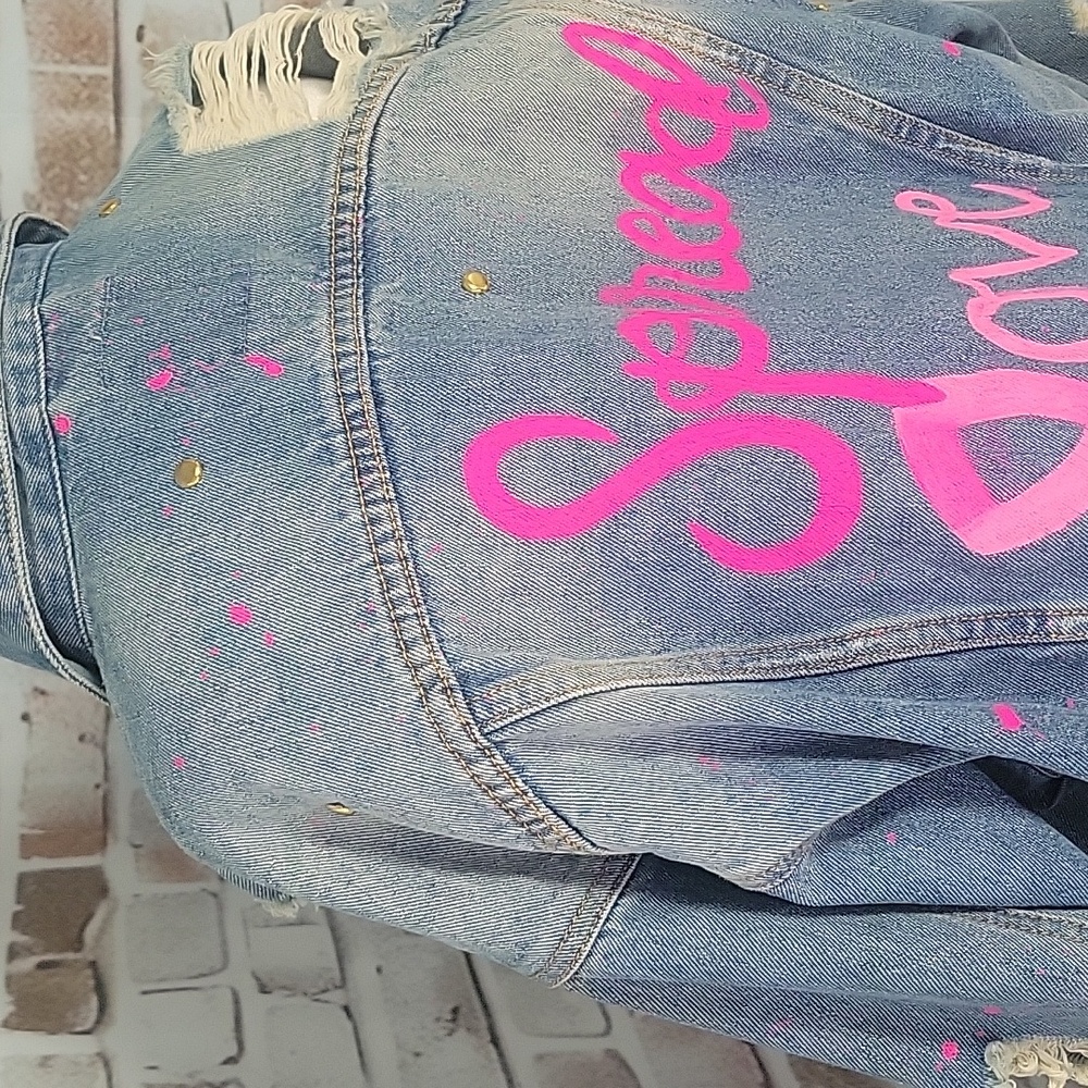 Custom Upcycled Pink Ribbon Jean Jacket S/M Breast Cancer 🎀 - Picture 3 of 12